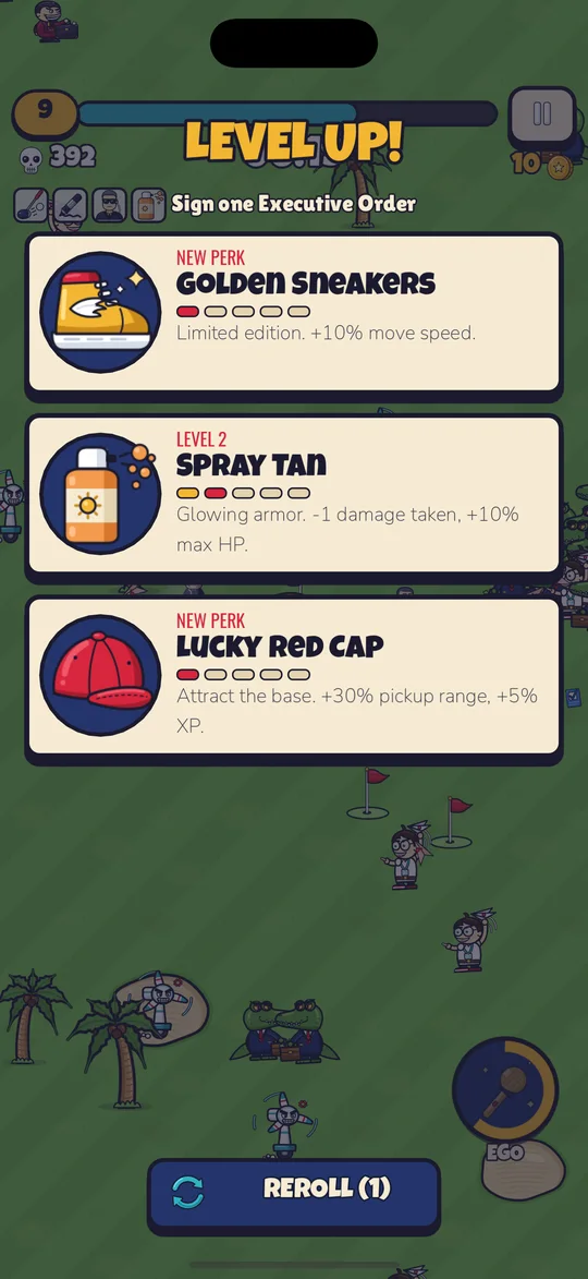 Level-up screen with three upgrade cards